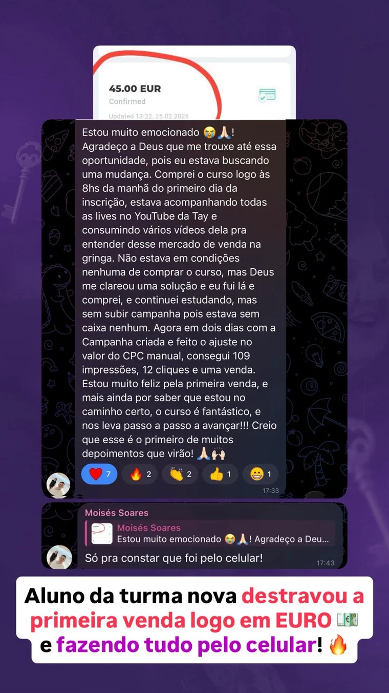 Depoimento de aluno: primeira venda em euro feita pelo celular